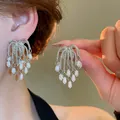 Silver needle flower stud earrings with sparkling diamonds and elegant pearl tassels - 30# Silver Needle - Silver Fireworks Waterfall