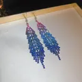Gradient pink and blue rhinestone feather tassel drop earrings with gold ear hooks - Hook Style / Gradient Blue