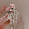 Elegant French style pink rose earrings with shimmering long pearl tassel strands for women - 36# Silver Needle - Pink Drip Flower