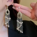 Elegant long pearl tassel earrings with rhinestone detailing in a vintage French style - 38# Silver Needle - Gold Chain Teardrop