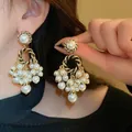 Elegant French style vintage gold metal cluster pearl tassel drop earrings for women - 55# Silver Needle - Gold - White Round Pearl