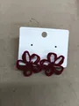 Vintage red flocked hollow flower stud earrings with silver needles on display card - Flocked Hollow Flower Style / Red