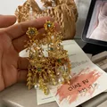 Ornate vintage gold flower and bird tassel earrings with pearls and colored gemstones - 63# Silver Needle - Golden Bird And Leaf