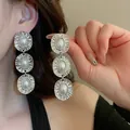 Elegant three-tiered silver drop earrings with white faux pearls, French luxury SKU detail - 70# Silver Needle - Silver Oval