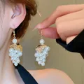 Elegant French style pearl grape cluster drop earrings featuring intricate golden leaf design - 74# Silver Needle - Golden Grape Tassel