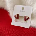 Elegant retro red heart-shaped stud earrings with gold trim on white display card - Heart Stud Style (HE7197)