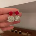 Vintage red square earrings with sparkling rhinestones in golden finish - Square Drop Style (HE7197)