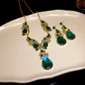 Luxury Western style geometric green waterdrop crystal pendant necklace and earrings jewelry set - Geometric Water Drop Rhinestone Jewelry Set (2-Piece)