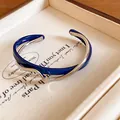 Bracelet jonc rétro pour femme élégante en résine bleue et métal argenté à deux couches - 30# Jonc-Éco-Argent-Bleu Foncé