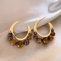 Retro Maillard style gold crescent hoop earrings with various brown resin round beads - Gradient Beads C-Shape Style (6#)