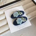 Handcrafted floral embroidered denim hair clips set on a professional white display card - 25# Duckbill Clip - Dark Blue Single
