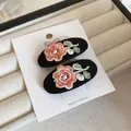 Sweet Korean style black fabric hair clips featuring delicate pink floral embroidery detail - 27# Duckbill Clip - Black Single Embroidery
