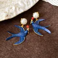 Vintage French blue enamel swallow drop earrings with pearls and red flower details - Earrings (HN4775) / Silver Needle / Gold with Blue