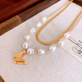 Elegante collana dorata a doppio strato con perle barocche e ciondolo a farfalla - 39# Collana-Farfalla