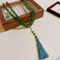 Elegante collana di perle verdi in stile cinese con una lunga nappa di seta azzurra - 51# Collana-Verde