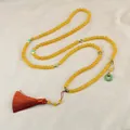 Collana di grani gialli stile rosario con nappa rossa e anello in giada verde - 52# Collana-Giallo