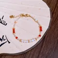 Elegant adjustable gold-plated bracelet with white pearls and red cubic zirconia beads - 29# Bracelet (Pearl Red Zirconia)