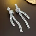 Exaggerated silver tassel dangling earrings featuring a knotted baguette stone design - 53# Silver Earring Post - Silver
