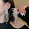 Elegant silver tassel earrings with sparkling stones and metal chains for women. - 87# Silver Needle - Silver - Tassel