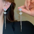 Elegant silver tassel drop earrings featuring sparkling snowflake crystal studs for women - 83# Silver Needle - Silver - Flower