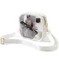 Clear PVC crossbody bag with white strap shown containing sunglasses and makeup - Detachable Crossbody Bag Style / White