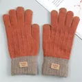 Pair of warm touchscreen knit gloves with imitation alpaca wool texture and tags. - Caramel color
