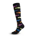 Black compression knee-high sports socks featuring vibrant multi-colored candy patterns - S/M / Candy