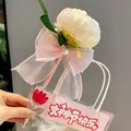 Penna a fiore decorativa rosa con peonia e fiocco regalo per la festa della donna - Penna a fiore di peonia beige