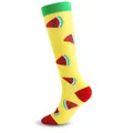 Vibrant yellow compression socks featuring a red watermelon slice pattern and green cuffs - Watermelon