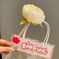 Elegant artificial flower pen gift set with peony-style topper and clear carrying bag. - Beige Peony Flower Pen (Regular)