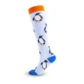 White knee-high compression socks featuring cute penguin patterns with orange and blue accents - Penguin