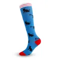 Knee-high blue sports compression socks with black cat pattern and red toe and heel. - Blue with Black Cat