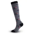 Grey long tube sports compression socks featuring checkered and striped flag patterns - Grey with Racing Flags