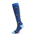 Blue and black striped compression socks featuring shark patterns with light blue accents. - Shark Mouth