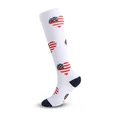 White knee-high sports compression sock with heart-shaped American flag pattern - Flag Heart