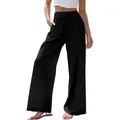 Casual zwarte linnen broek met wijde pijpen, elastische taille met trekkoord en zakken - S / Zwart