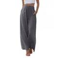 Grijze losse linnen broek met wijde pijpen voor dames, trekkoord in de taille en zakken - S / donkergrijs