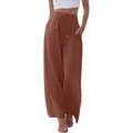 Dames casual linnen broek met wijde pijpen en trekkoord in de kleur terracotta - S / Oranjerood