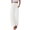 Pantalon large en lin blanc pour femme avec taille à cordon et poches latérales - S / Blanc