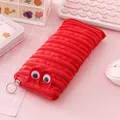 Creative red monster pencil case featuring googly eyes and a single continuous zipper design - Red
