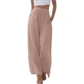 Pantalon large en lin pour femme, grande taille, avec cordon et poches, vieux rose. - S / Rose Lotus