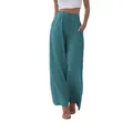 Pantalon large en lin grande taille pour femme avec cordon de serrage bleu sarcelle. - S / Bleu sarcelle