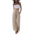 Pantalon d'été large en lin à taille haute pour femmes avec cordon de serrage beige - S / Kaki
