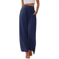Pantalon large en lin grande taille pour femme avec cordon de serrage bleu marine - S / Bleu marine