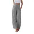 Pantalon large décontracté en lin gris avec cordon et poches pour femmes - S / Gris