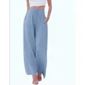 Pantalon large décontracté en lin bleu clair avec taille élastique et poches - S / Rose bonbon