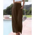 Pantalon large en lin pour femme marron café avec taille à cordon - S / Café