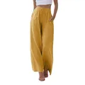 Pantalon large décontracté en lin pour femme avec cordon et poches jaune moutarde - S / Jaune Gingembre