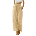 Pantalon large en lin beige pour femme avec cordon de serrage et poches, grande taille - S / Light jaune