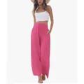 Pantalon large en lin fuchsia à taille haute avec cordon de serrage et poches pour femmes - S / Rose rouge